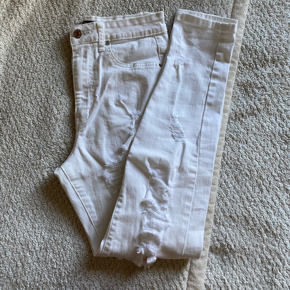 Forever 21 Distressed White High Rise Denim Jeans